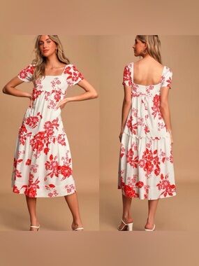NEW LULUS On Island Time Red and White Floral Print Tiered Midi Dress XL